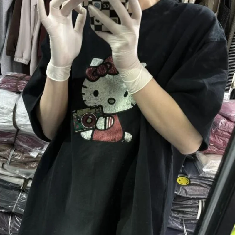 

Популярная футболка Sanrio Hello Kitty с милым дизайном и короткими рукавами, женская повседневная летняя модная одежда, трендовая одежда, футболка Kawaii