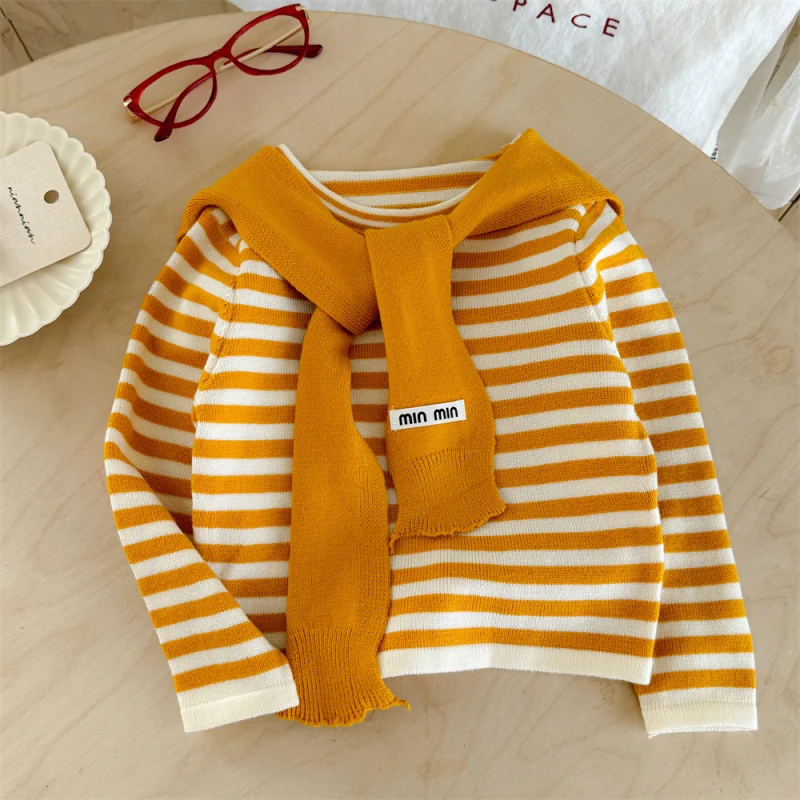 

01-Girls' Striped Shawl Knitted Base Shirt for Outerwear, Autumn New Fashionable Color-Block Round Neck Long SleeveTT shirt