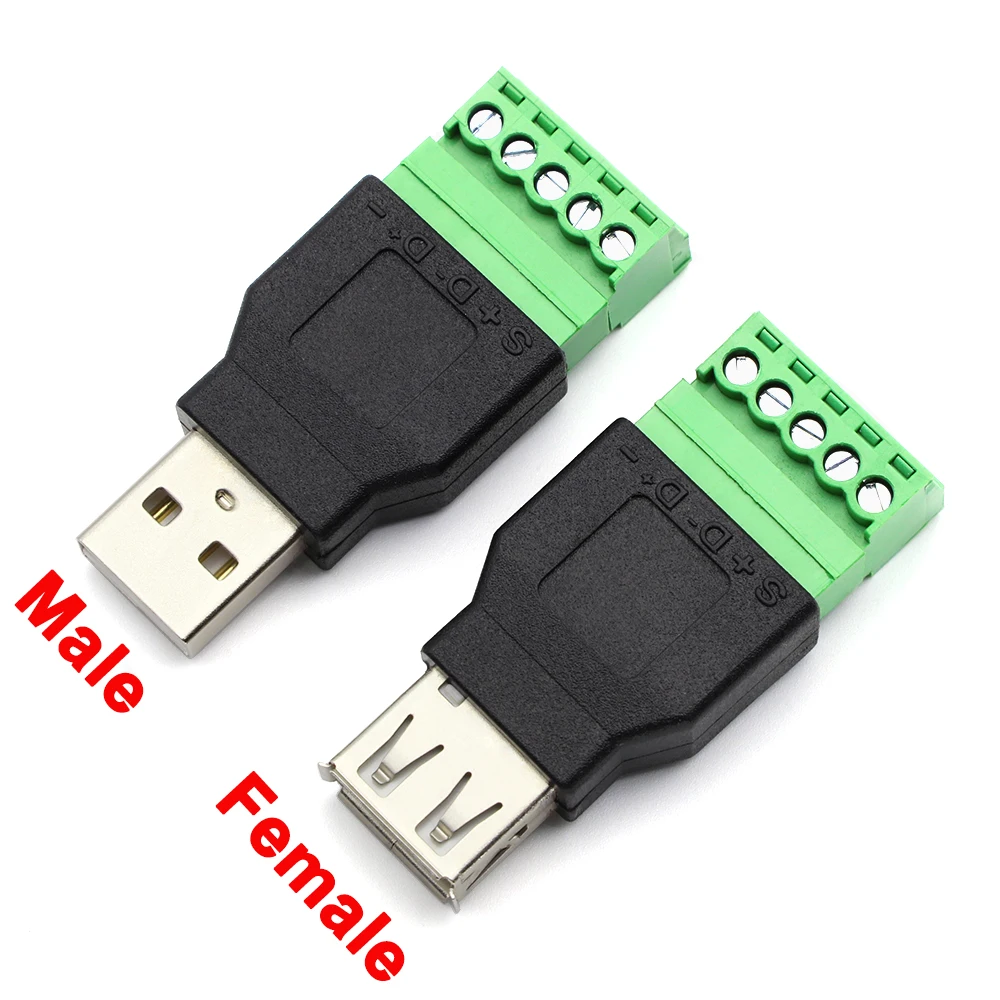 1pcs USB 2.0 Type A Male/Female to 5 Pin Screw Connector USB Jack with Shield USB2.0 to Screw Terminal Plug Soldering Free