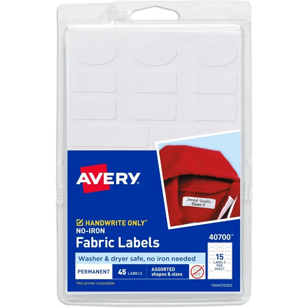 

No Iron Fabric Labels Assorted Shapes Washer Dryer Safe Waterproof 45 Count