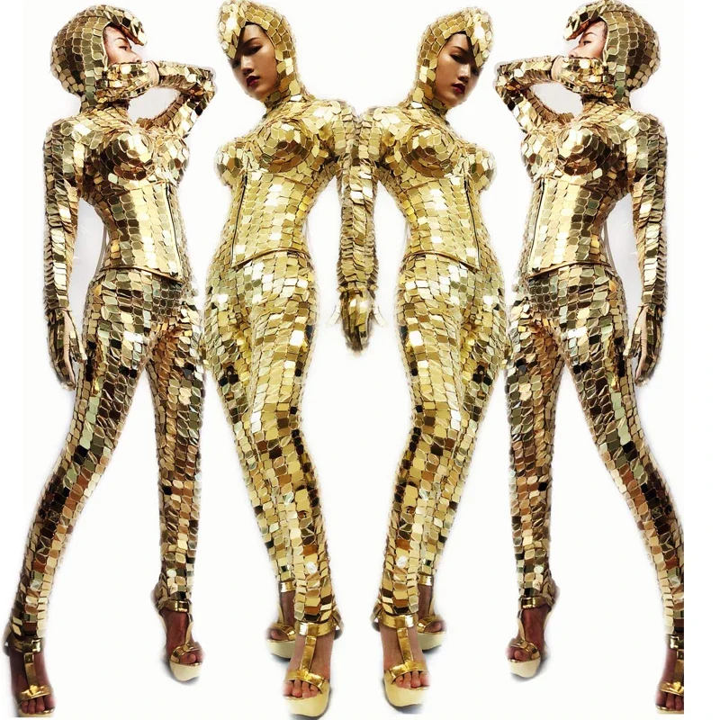 3D Silver Gold Mirrors Gogo Costumes Bar Nightclub Dj Ds Stage Show Party Wear Female Festival Clothes Rave Outfit