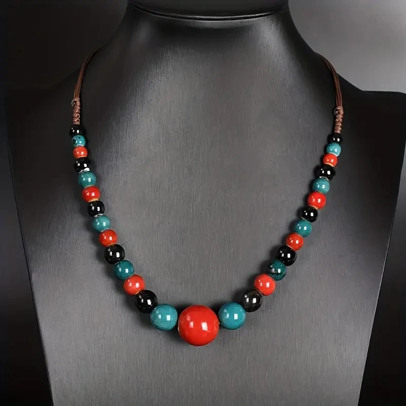 Colorful Ceramic Round Beaded Decor Clavicle Chain Handmade Braid Rope Necklace Boho Necklace Accessories