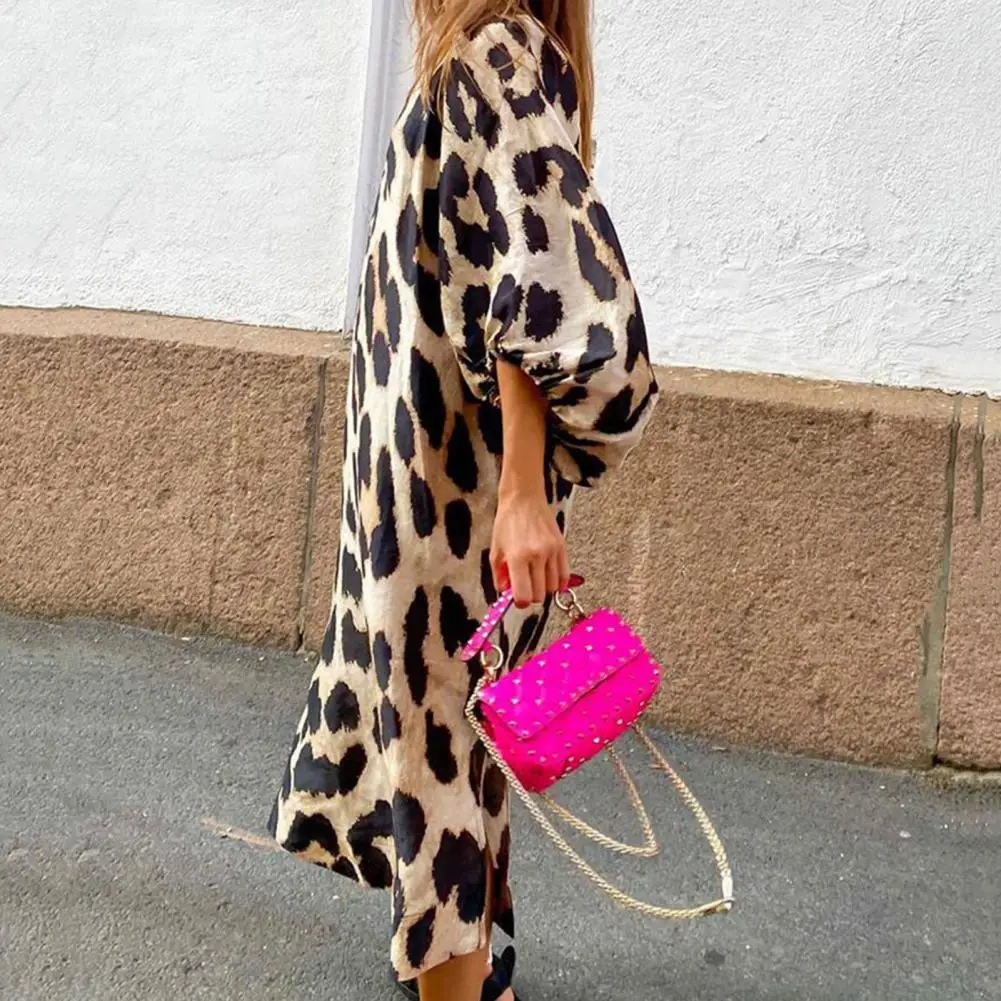 Women Dress V-Neck Lantern Sleeve Side Split Hem Long Dress Leopard Print Loose Elegant Party Dress Female Clothing