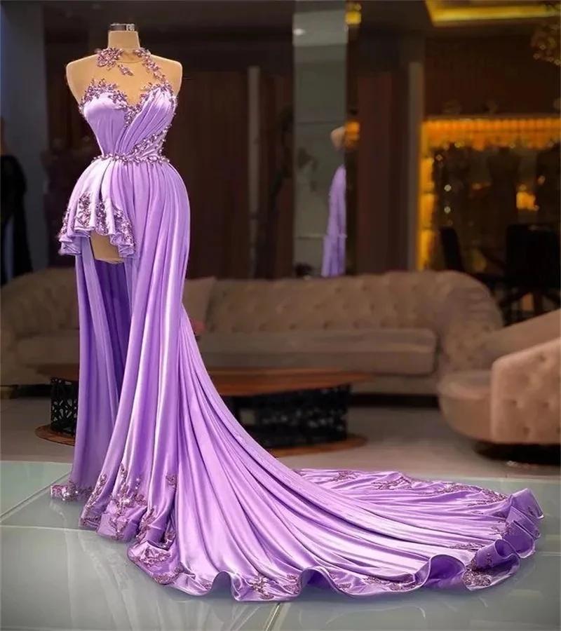 

Lilac Prom Dresses Sexy A Line Beading Formal Evening Gowns High Neck Gorgeous Satin Lace Appliqued Robe De Soiree