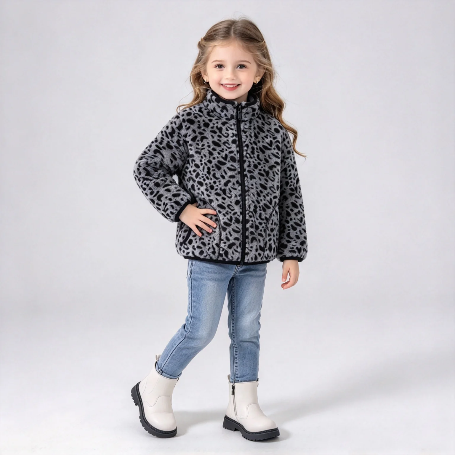 Girls' Leopard Print Fleece Jacket, New Autumn and Winter Style, Stand-Up Collar, Full Zipper, Soft Fleece Top, Lightweight and Warm Outerwear for Children, Versatile Casual Autumn and Winter Outerwear for Little Girls