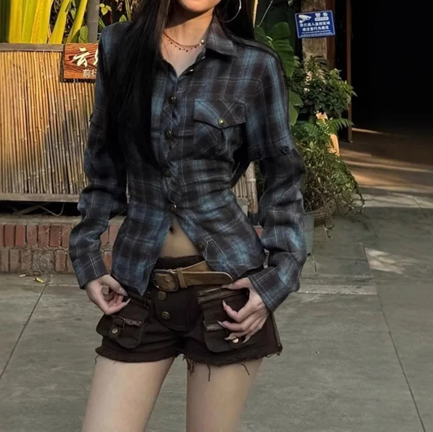 Y2k Vintage Plaid Sexy Backless Women Shirt Detachable Sleeve American Fashion Aesthetic Blouses Slim Summer