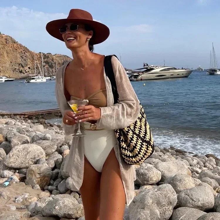 Maiô feminino de peça única com botões, roupa de banho para encobrir, biquíni de férias, maiô de praia, 2 peças Monokini, Novo, 2024