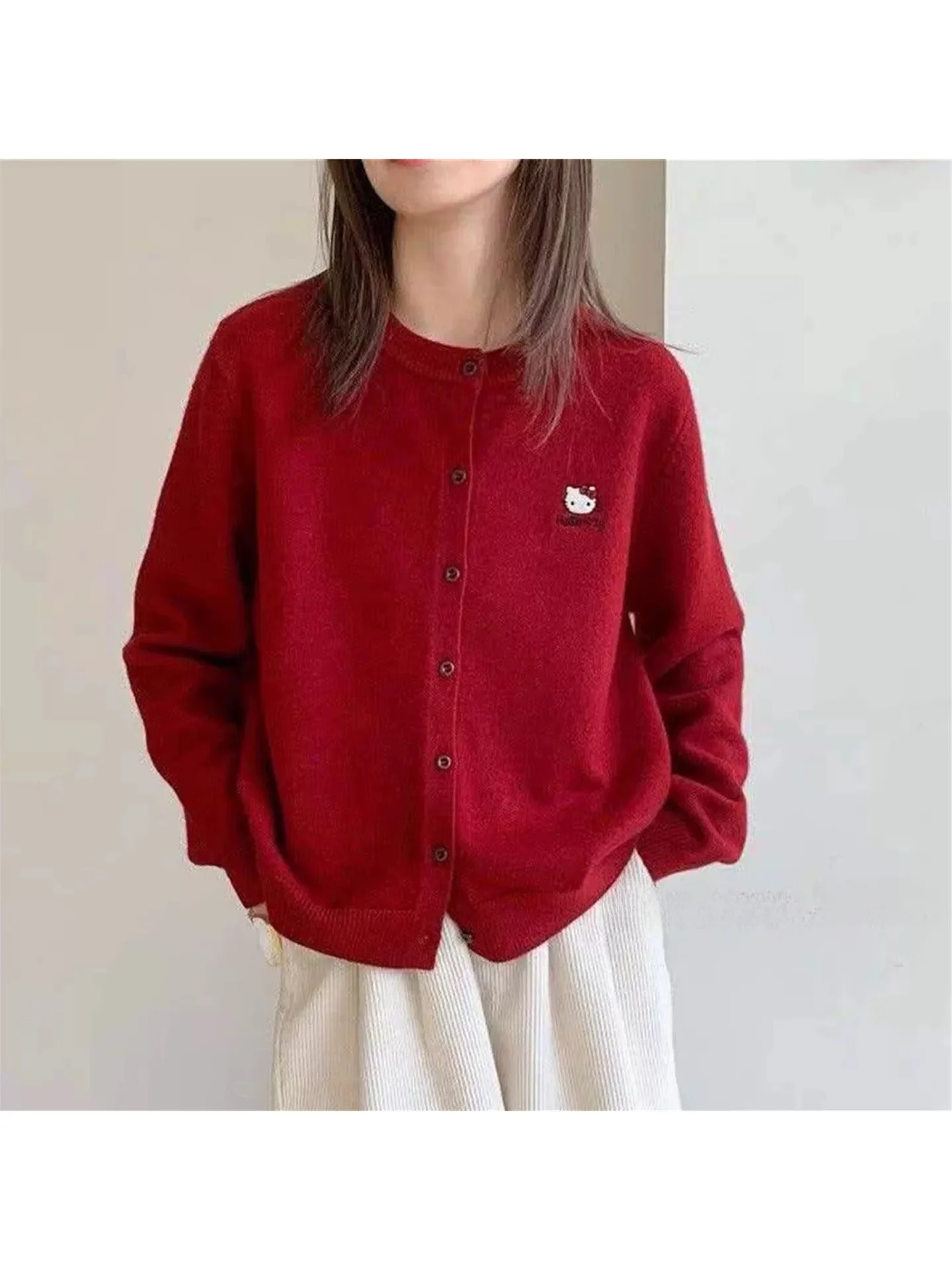 

Spring Autumn Women's Korean Style Loose Fashion Embroidered Woolen Cardigan Casual Warm Knitted Outerwear