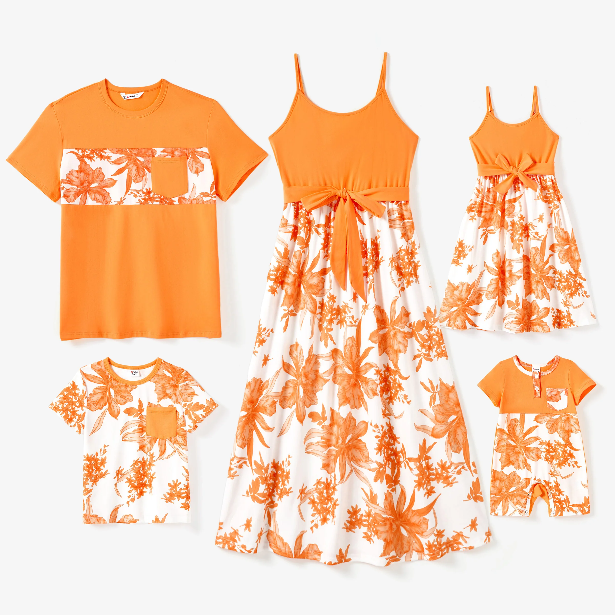 

PatPat Family Matching Orange Tee and Cami Top Spliced Belted Dress Sets
