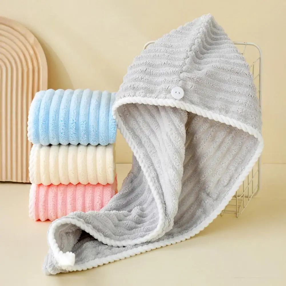 Quick Dry Turban for Use Coral Fleece Hair Towel Wrap with Button Quick Dry Absorbent Turban Thick Hair Drying Cap for Long