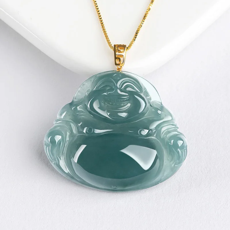 Genuine Goods Natural a Cargo Blue Buddha 18K Gold Inlaid Jade Stone Pendant Women's Necklace High-End