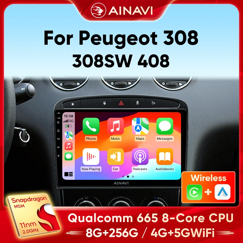 Ainavi Car Radio For Peugeot 308 308SW 408 2012-2020 Wireless Carplay Android Auto Qualcomm Stereo Multimedia Player DSP 2 Din