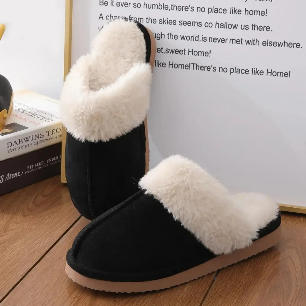 Crestar New Suede Fur Slippers For Women Winter Indoor Outdoor Warm Fuzzy Slippers Home Slippers For Lovers Furry Cotton Shoes