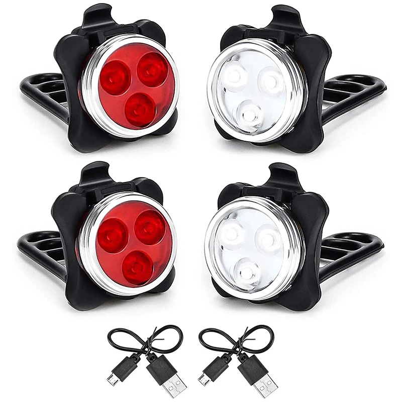 USB Rechargeable Bike Lights Set Head Light (White Light) &Tail Light (LED Red Light) For Road Bicycle Accessories,2 Set