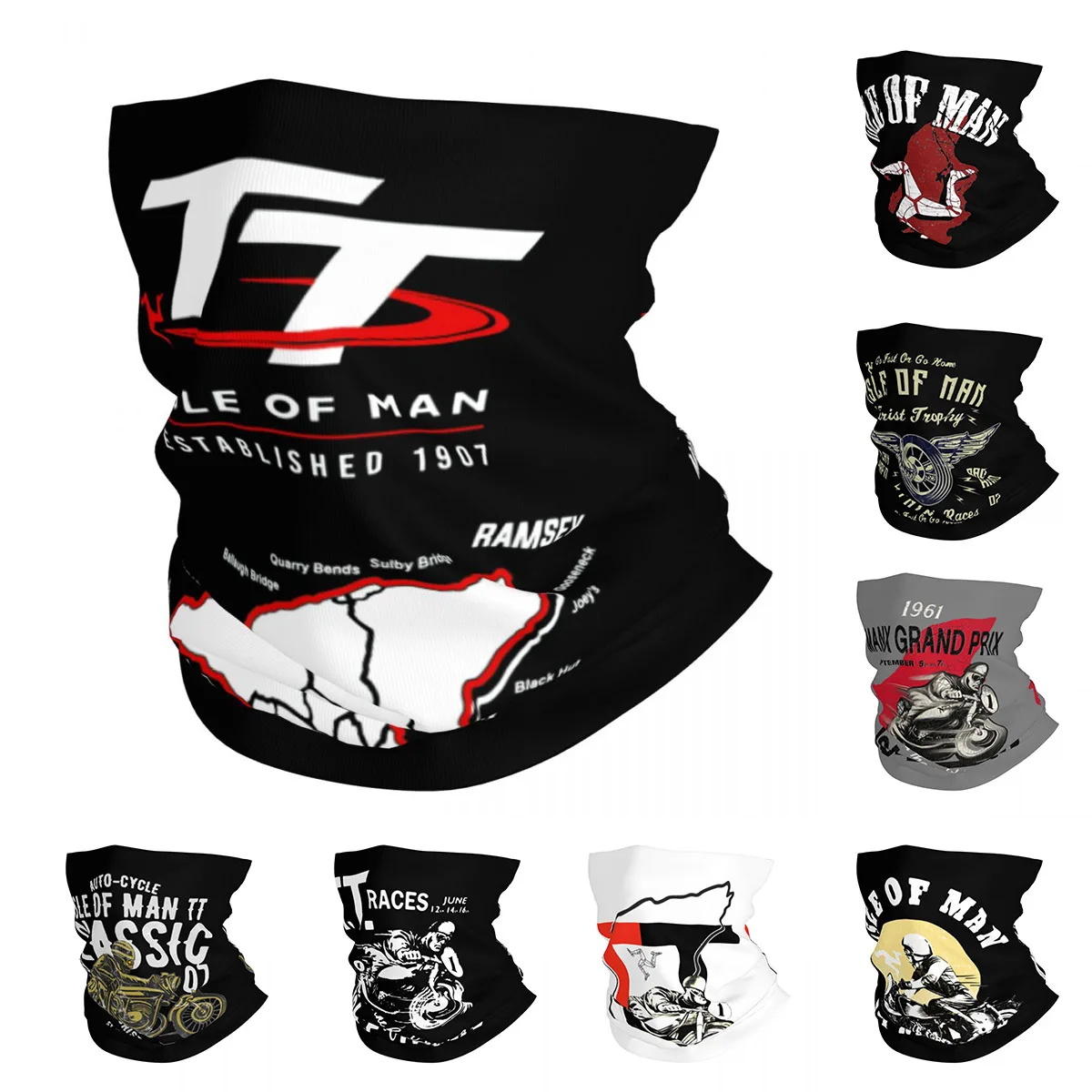 Isle Of Man TT Motorcycle Bandana Neck Gaiter Printed Wrap Scarf Warm Headband Hiking for Men Women Adult All Season