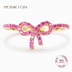 Monkton 14K Gold Plated S925 Sterling Silver Pink Bow Rings for Women Exquisite Infinity Rings for Teen Girls Fine Jewelry