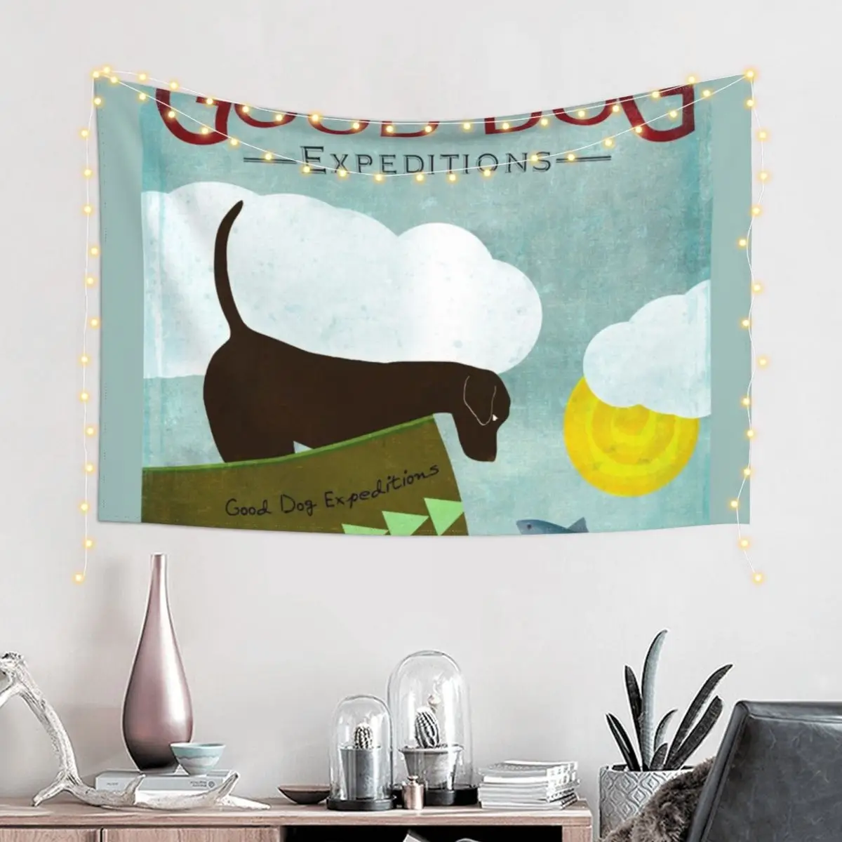 Good Dog Expeditions, dog on a lake meeting a fish Tapestry Custom Decorations For Room Tapestry