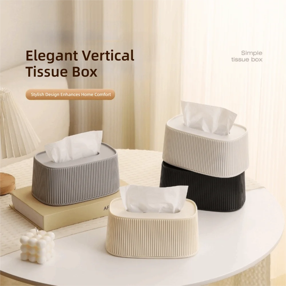 Large Opening Tissue Box With Lid Stripe Pattern Space-saving Tissue Dispenser Auto Lift Spring Square Tissue Box Desktop Use