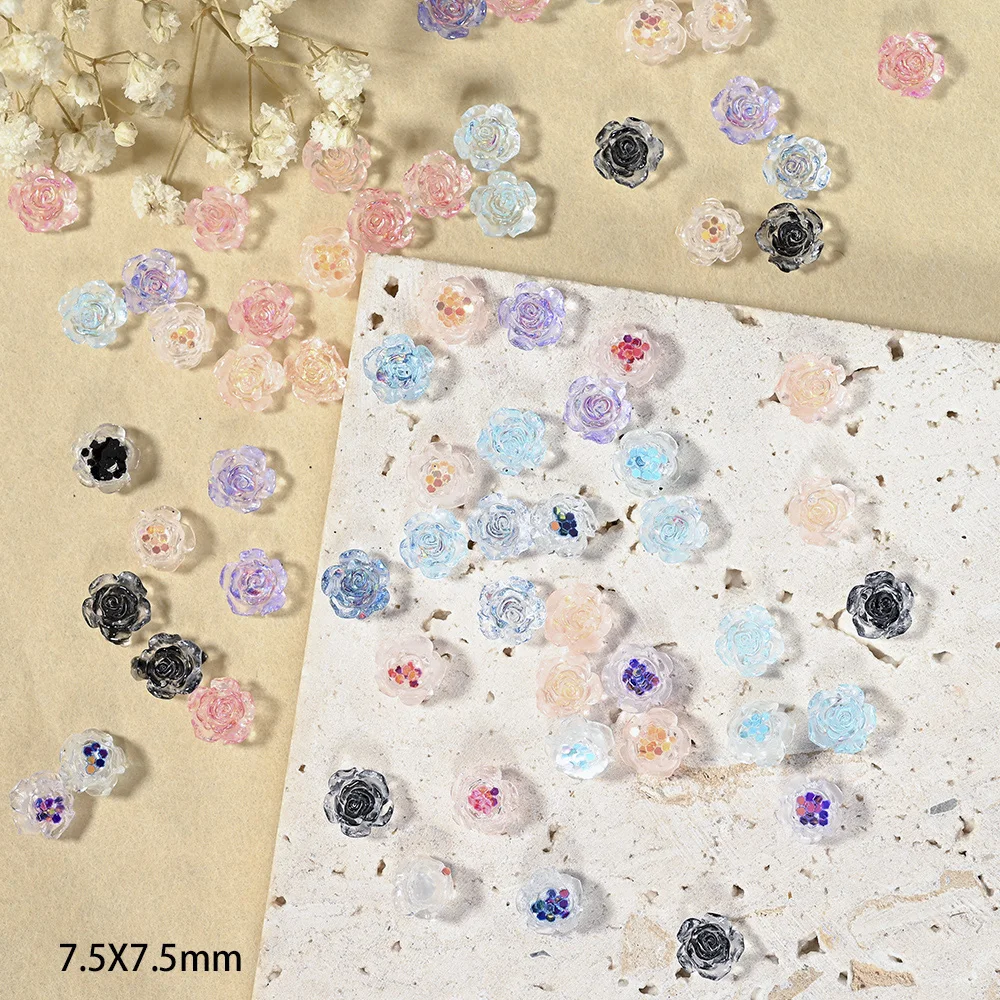 100Pcs 6/8mm 3D Acrylic Resin Flowers Nail Charm Aurora Camellia Rhinestone Nail Jewelry Rose Polish Accessories Nail Decoration