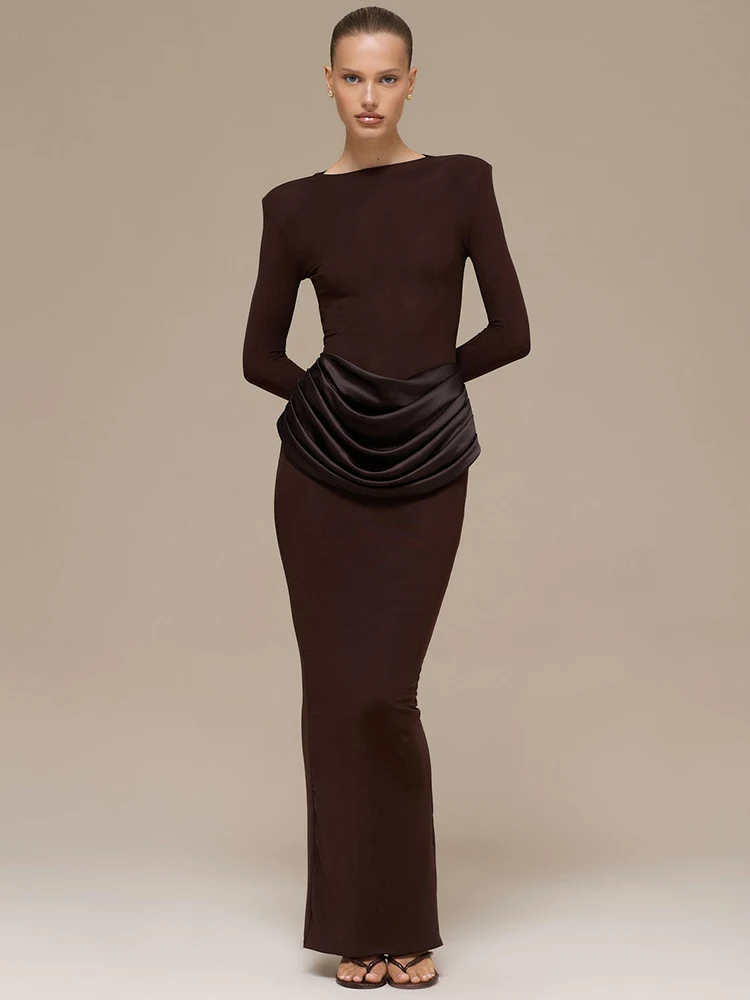 Mozision с длинным рукавом и высокой талией, рюшами, сексуальное платье макси, женское платье, элегантное облегающее платье с круглым вырезом, клубные вечерние длинные платья с разрезом, женские