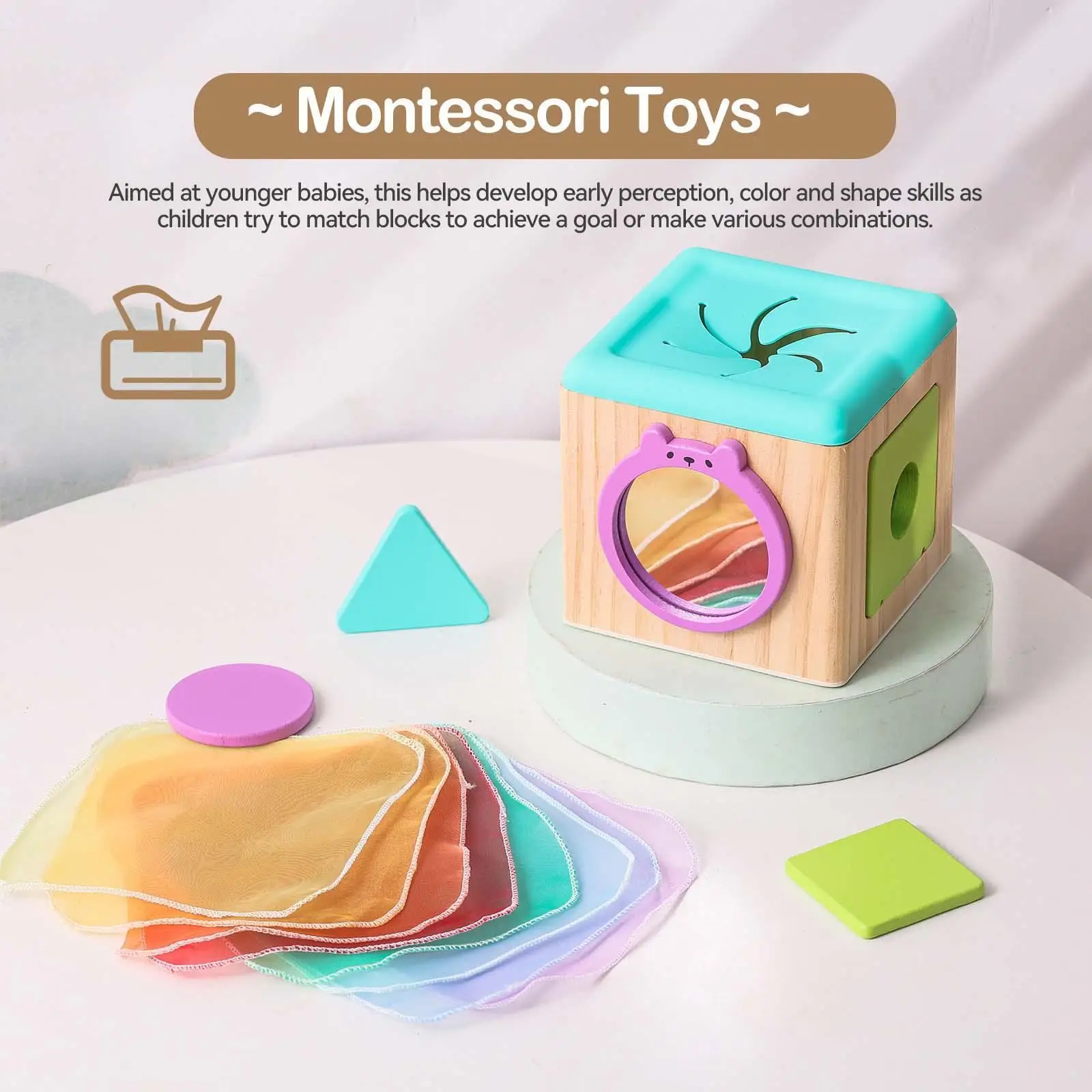 

Baby Tissue Box Toy with Colorful Soft Scarves Wood House Wooden Activity Cube for Kids Toddlers Boys and Girls 6 Month Old Gift