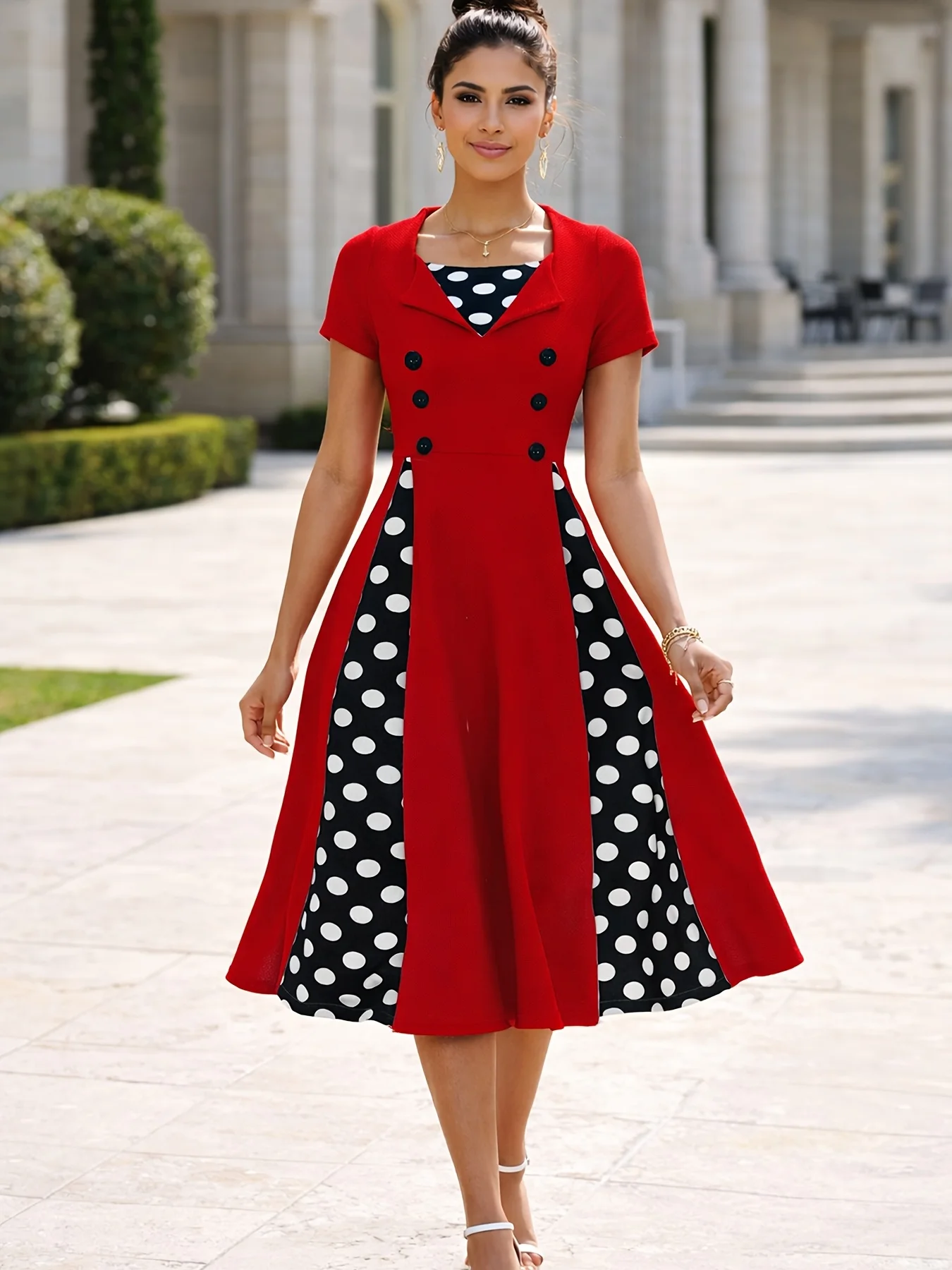 Damen Sommerkleid mit kurzen Ärmeln, eckigem Ausschnitt, lässigem Polka-Dot-Muster, kontrastierendem Vintage-Fit-and-Flare-Design, A-Linien-Schnitt und Midi-Länge