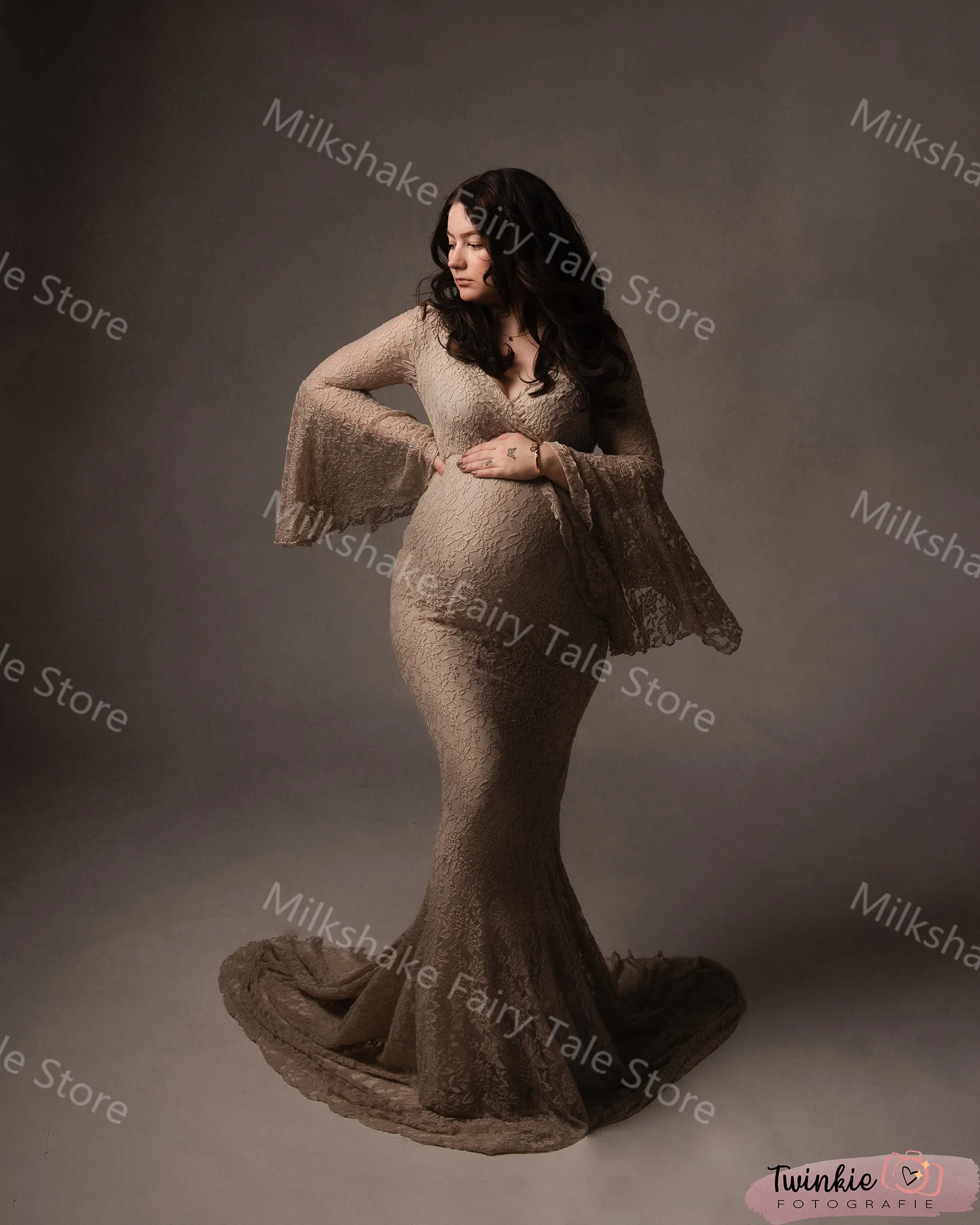 Khaki Mermaid Evening Dresses Vintage V Neck Lace Maternity Photoshoot Robes Elegant Long Sleeves Sweep Train Baby Shower Gowns