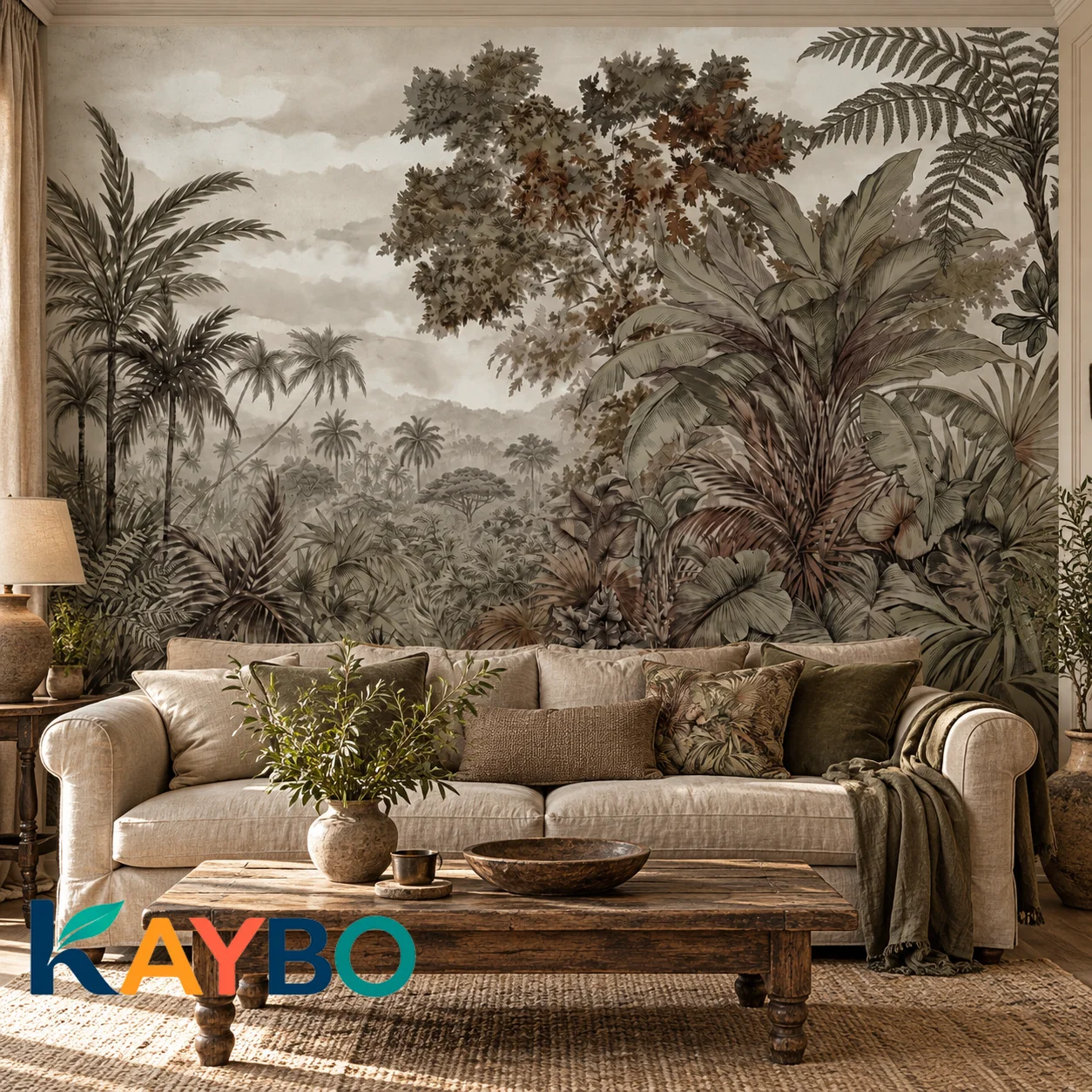 Tropical Jungle Wallpaper Mural Vintage Sepia Palm Trees Botanical Forest Landscape Wall Decor for Living Room Non Self Adhesive