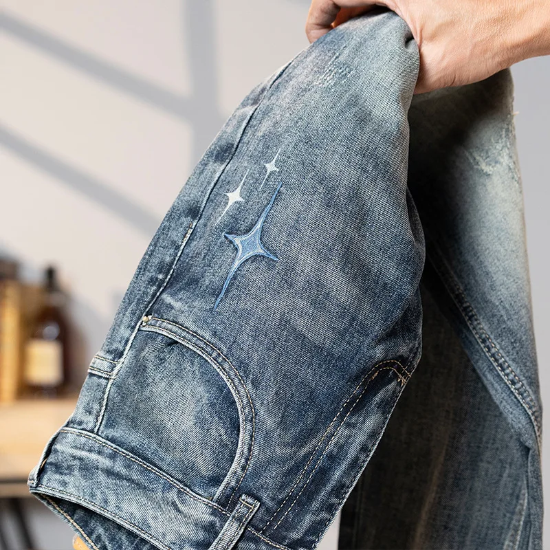 2024 light luxury high end new jeans for MEN'S FASHION trendy brand straight fit casual versatile elastic retro denim pants