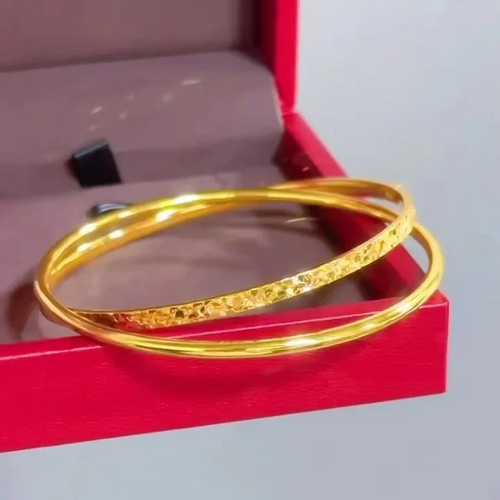 AU999 24K real gold double ring bracelet Fashion net red with broken ice pattern double ring bracelet real gold hand jewelry