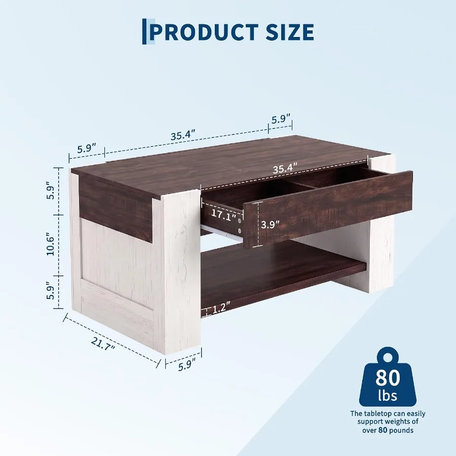 47 Coffee Table with Hidden Storage Drawer for Living Room, Wood, Natural Brown, Space-Saving Design