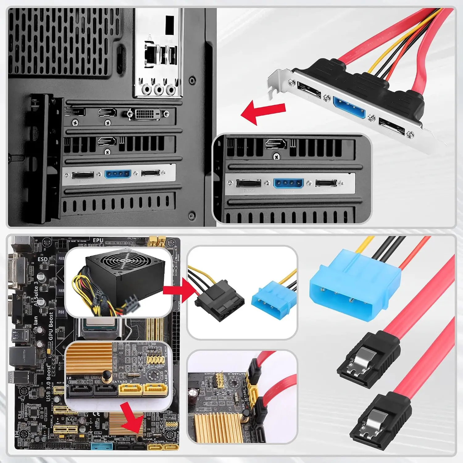 SATA to eSATA Cable Adapter w/ PCI Slot Cover Plate Full Profile ,Dual Ports External SATA 6Gbps eSATA to Motherboard SATA Cord