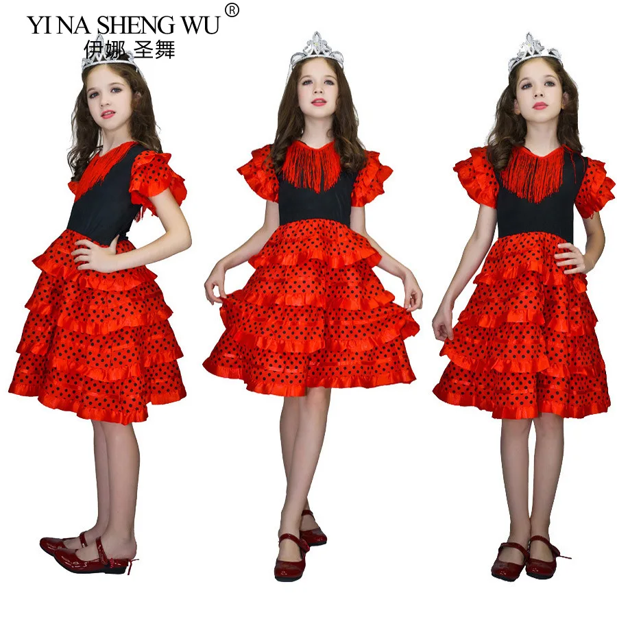 Girls Dress Beautiful Spanish Flamenco Dancer Costume Childrens April Sevilla Performances Dance Outfit Ballet dancing costume