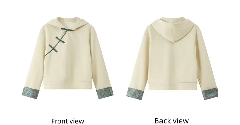 VIMLY New Chinese Style Hooded Sweatshirt Fall Winter Color Contrast Frog Button Fleece Lined Thickened Pullover Ladies A7683