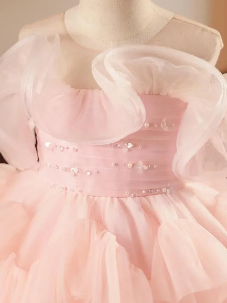 New Children\'s Princess Evening Gown Mesh Pearls Sleeveless Design Kids Wedding Birthday Baptism Party Dresses For Girls A3648