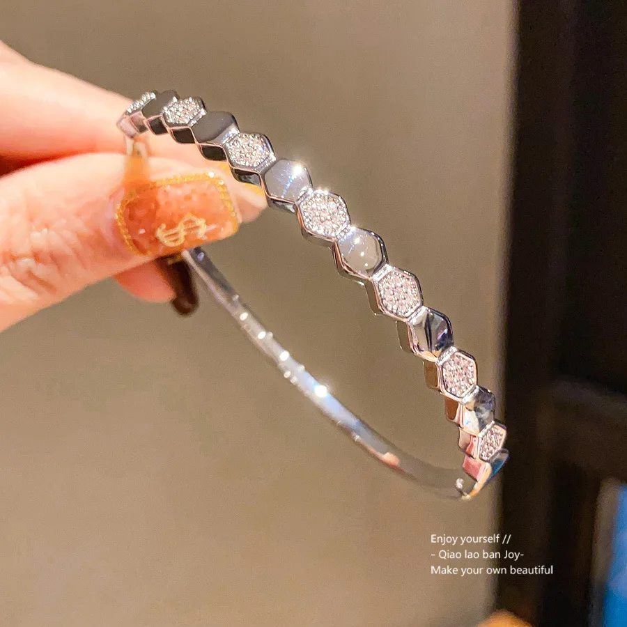 

Geometric Hexagon Link Bracelet with Cubic Zironia, Modern Adjustable Clasp Bangle, Minimalist Statement Cuff for Women