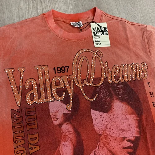 25SS Verano Nuevas camisetas VALLEY American Washed Pure Cotton Vale Hot Drill Letter Manga corta
