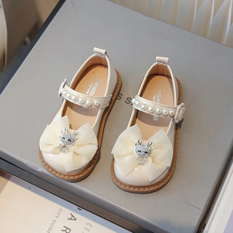 Spring Autumn Girls Mirror Leather Shoes Pearl Bowknot Sweet Princess Shoes Children Elegant Lolita Dance Performance Kids Shoes