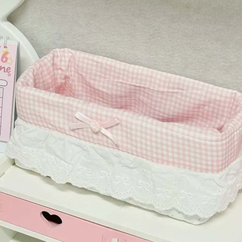 Ruffle Edge Polka Dot Stationery Storage Holder Sweet Pink Desktop Organizer Cute Small Basket for Snacks Scrapbook Supplies