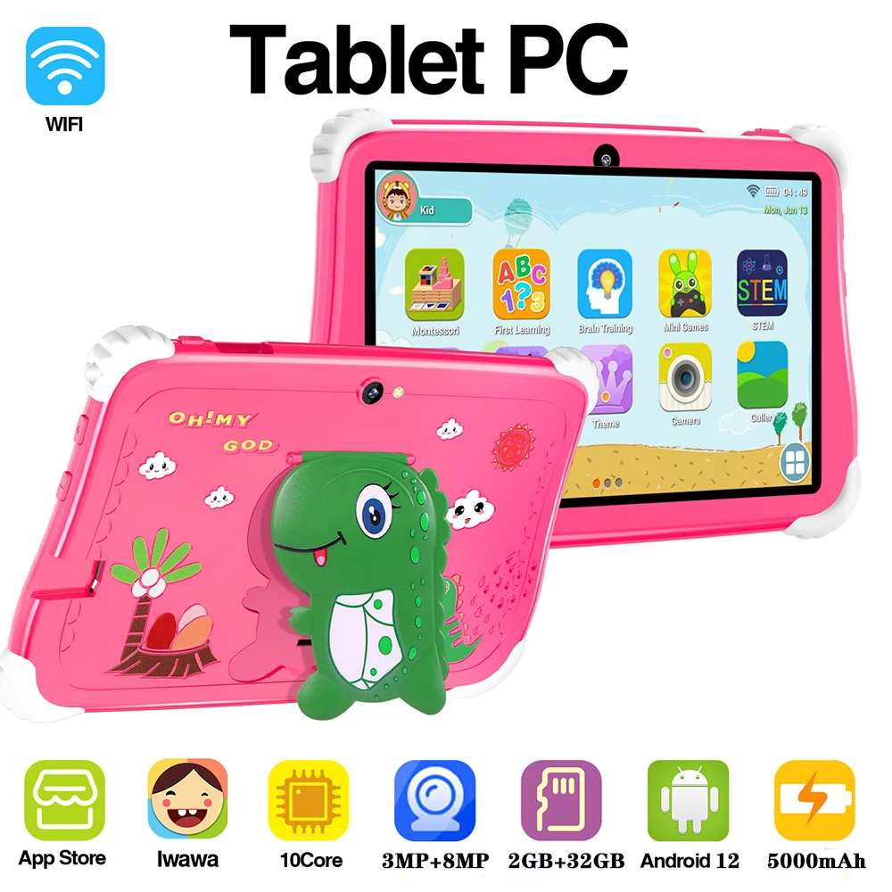 Tablet com câmera dupla para crianças, Tablet Educacional com Bluetooth, WiFi, Android 12, 7in, 2GB, 32GB