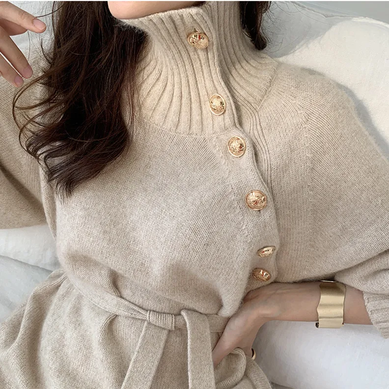 Women Autumn Knitted Dress Turtleneck Sexy High Elastic Oversized Sweater Dress Winter Knit Warm Long Dresses