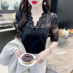 Spring Summer Women's Clothing Solid Color Short Sleeve Lace Hollow Out Floral Patchwork T-shirt Elegant Fashionable Tops