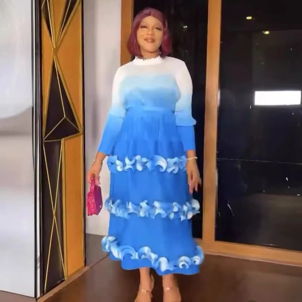 Miyake 2025 New Pleated Maxi Long Dress O-Neck Floral Sleeves Fungus Spliced Gradient Elegant Wedding Dresses for Women