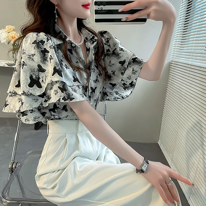 Summer New Fashion Sweet Printed Lady Short Sleeved Shirt Versatile Casual Elegant Loose and Slim Butterfly Sleeve Women\'s Top