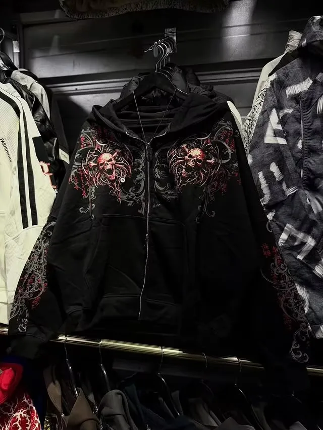 2026 Vintage Gothic Totenkopf Kreuz Flügel Reißverschluss-Hoodie Unisex Oversized Langarm Y2K Heavy Metal Punk Streetwear Jacke für Kinder – Detail 9