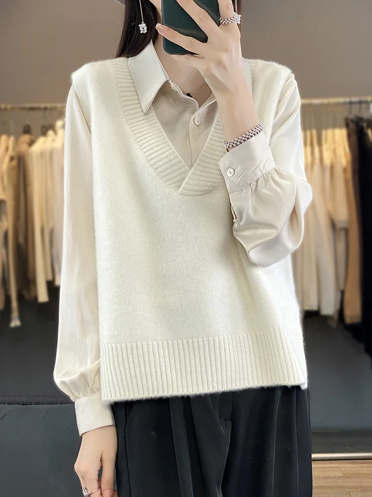 100% 캐시미어 조끼 조끼 여성 V 넥 민소매 니트 숄 캐시미어 스웨터 겨울