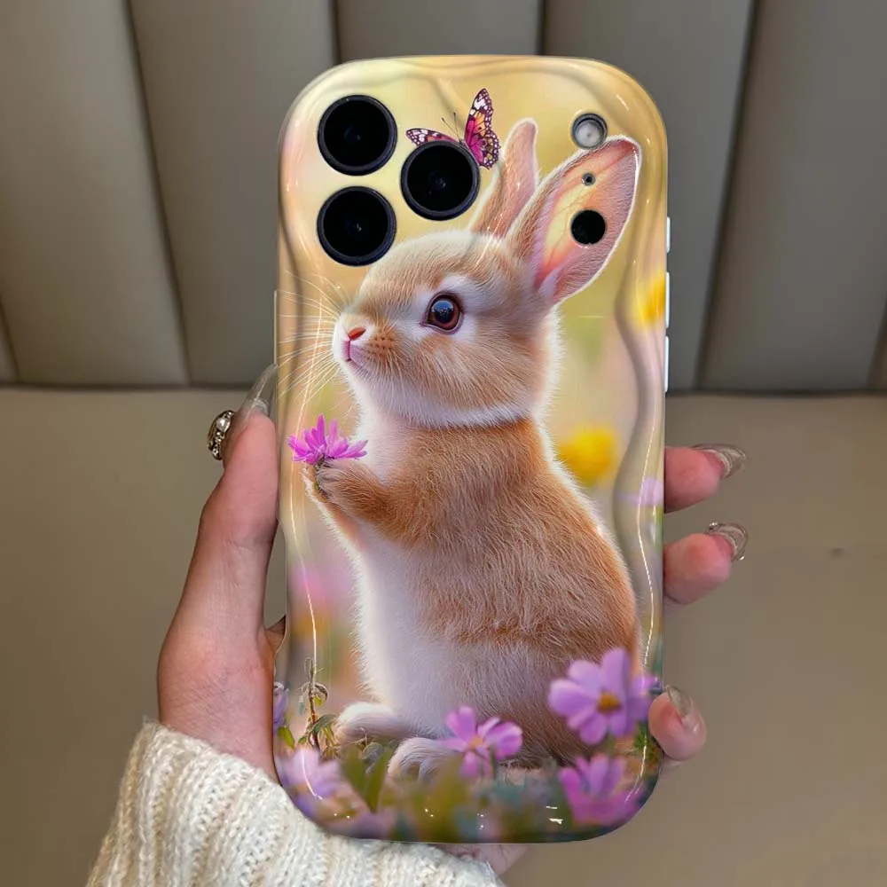 

Cute Art Rabbit Pattern Phone Case For iPhone 17 16 15 14 13 12 11 XR Air Mini Pro Plus Max Wave Oil White Soft Shockproof