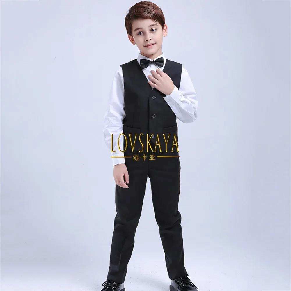 Smoking formal para meninos, smoking preto, terno de cavalheiro infantil, vestido de casamento, 3 a 12 anos, 5 peças