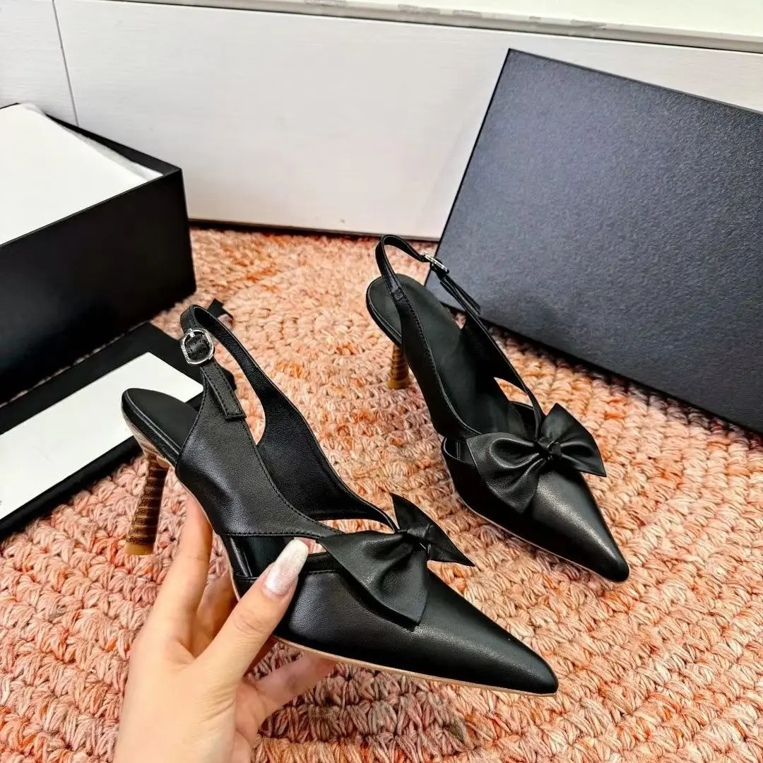 Elegant Bow Slingback Pumps Ladies Pointed‑Toe Leather High Heels Buckle Strap Dress Heeled Sandals