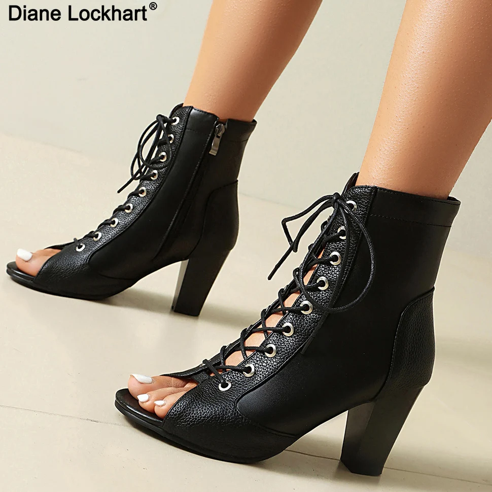 

2025 Новые женские ботильоны с открытым носком, женские сандалии, женские кожаные ботинки со шнуровкой и открытым носком, сексуальные тонкие туфли на высоком каблуке Zapatos